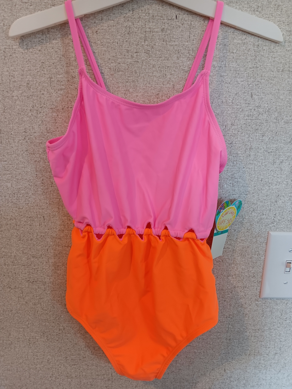 Breaking Waves Girls' Two-Tone Pink & Orange Swim Suit - Kids Sun Safe Size 16
